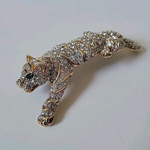 Vintage Tiger Crystal Rhinestone Shoulder Brooch Pin Glam Mobwife Statement